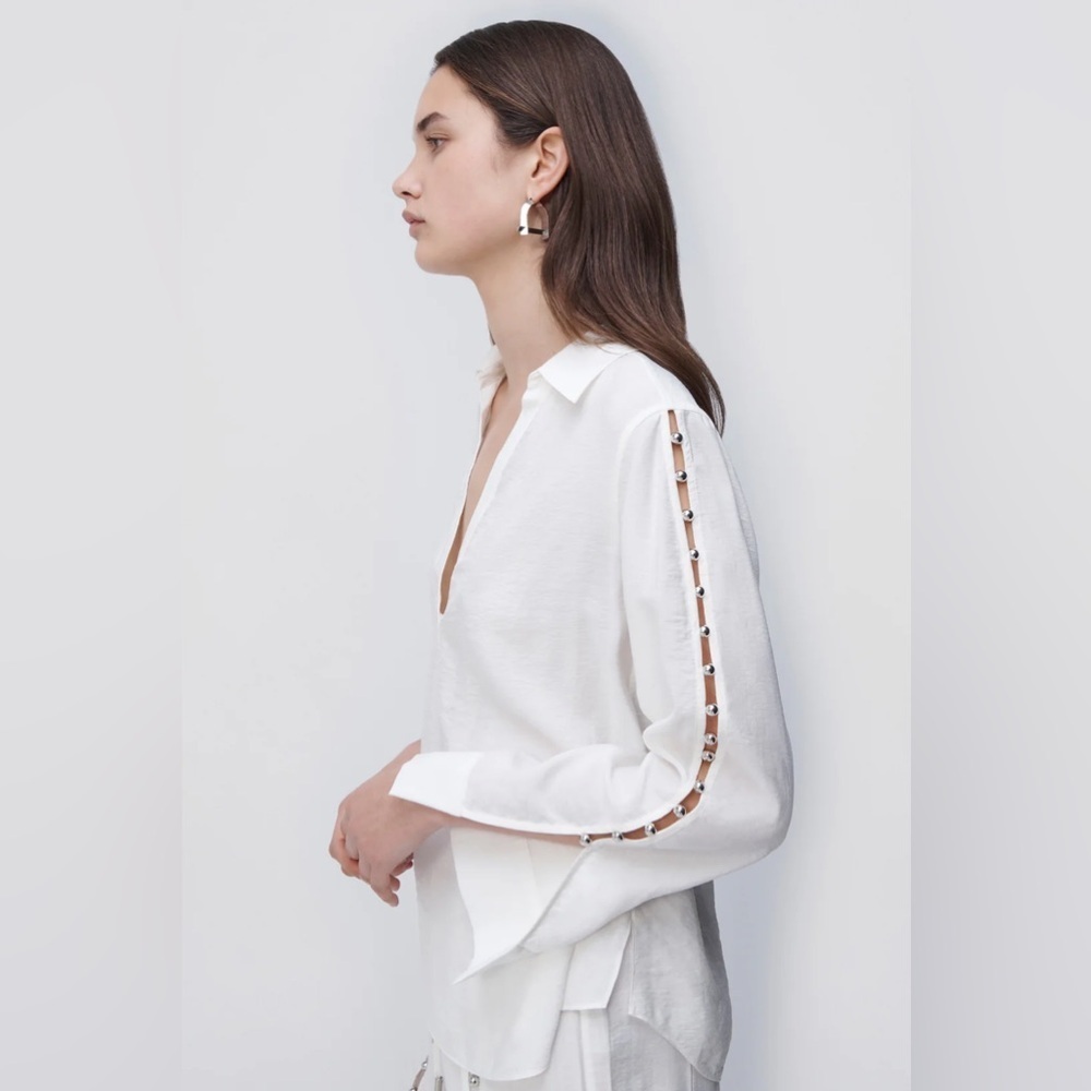 Jonathan Simkhai Stormy Beaded Ivory V-Neck Collar Long Sleeve Coverup Top NWT M - Picture 2 of 12